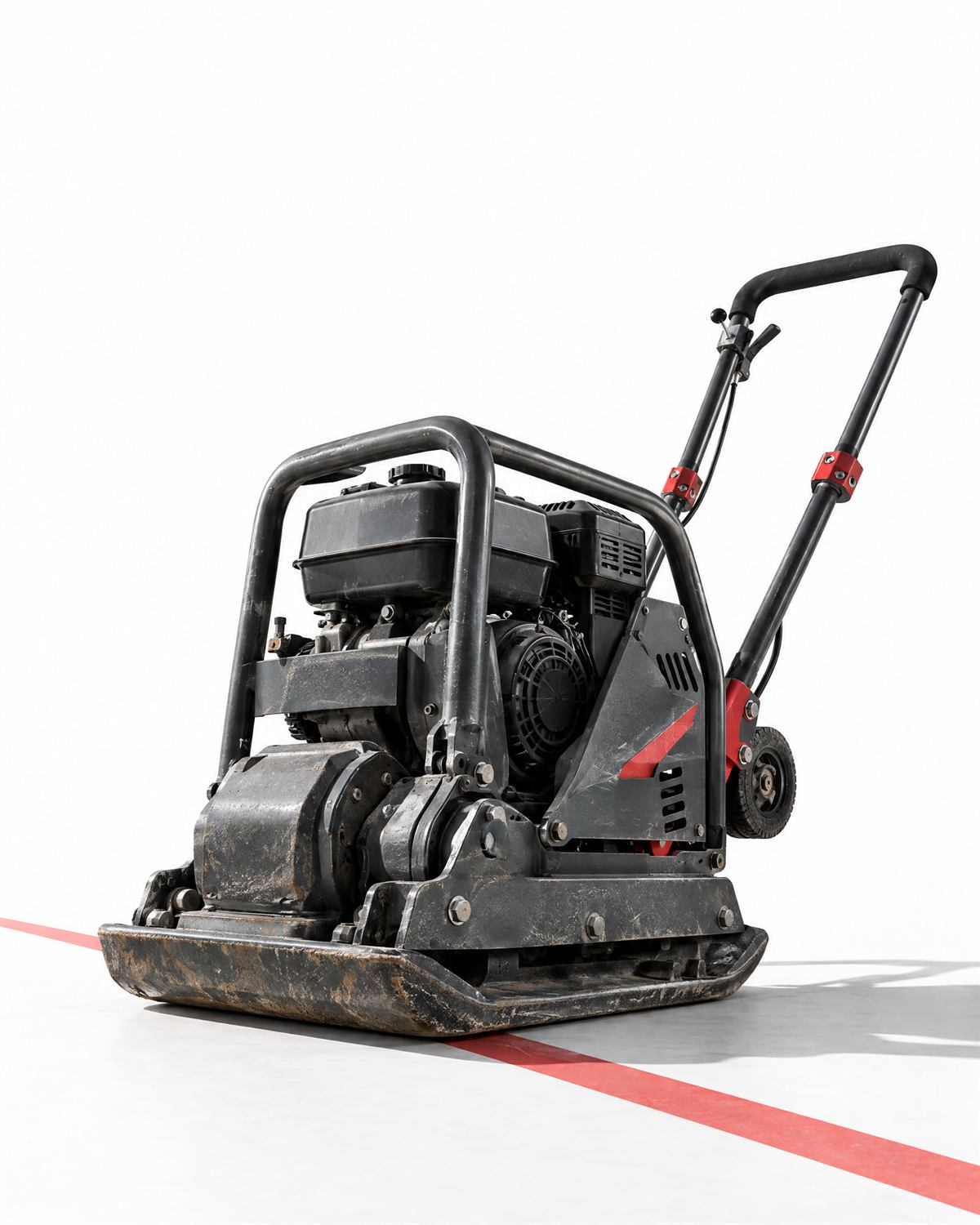 Plancha compactadora vibratoria para construcción sobre fondo blanco