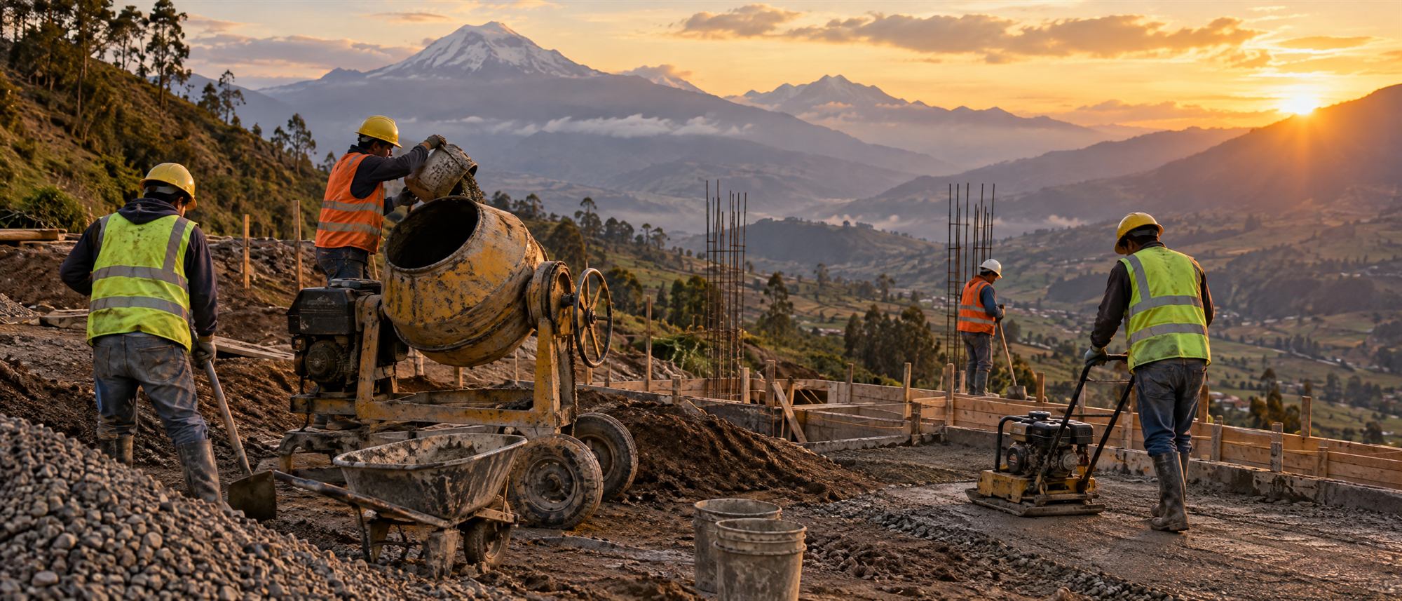 Equipo de obra usando concretera y plancha compactadora en los Andes de Ecuador