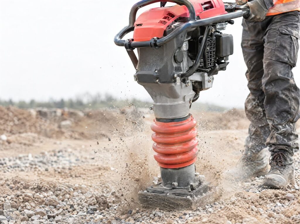 Vibroapisonador compactando suelo y grava en obra